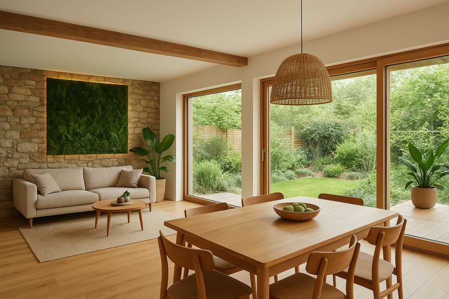 Salon rénové avec matériaux naturels, lumière douce, murs végétalisés et vue sur jardin — design biophilique par NCReno